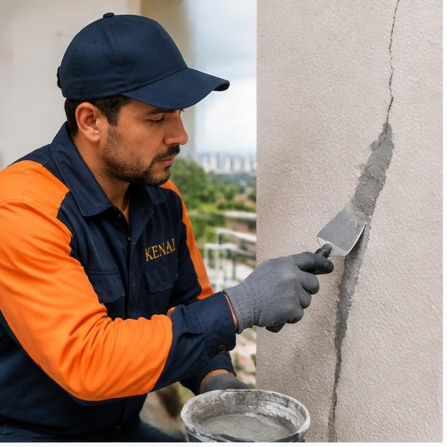 Técnico Kenai reparando fissura em parede
