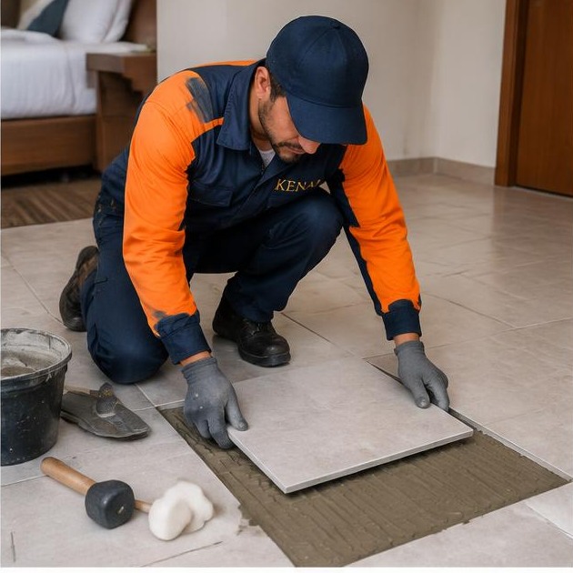 Técnico Kenai substituindo piso cerâmico