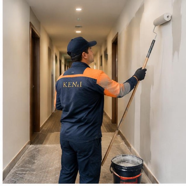 Técnico Kenai pintando corredor de hotel