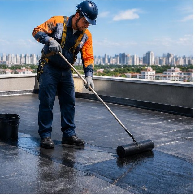 Técnico Kenai impermeabilizando cobertura