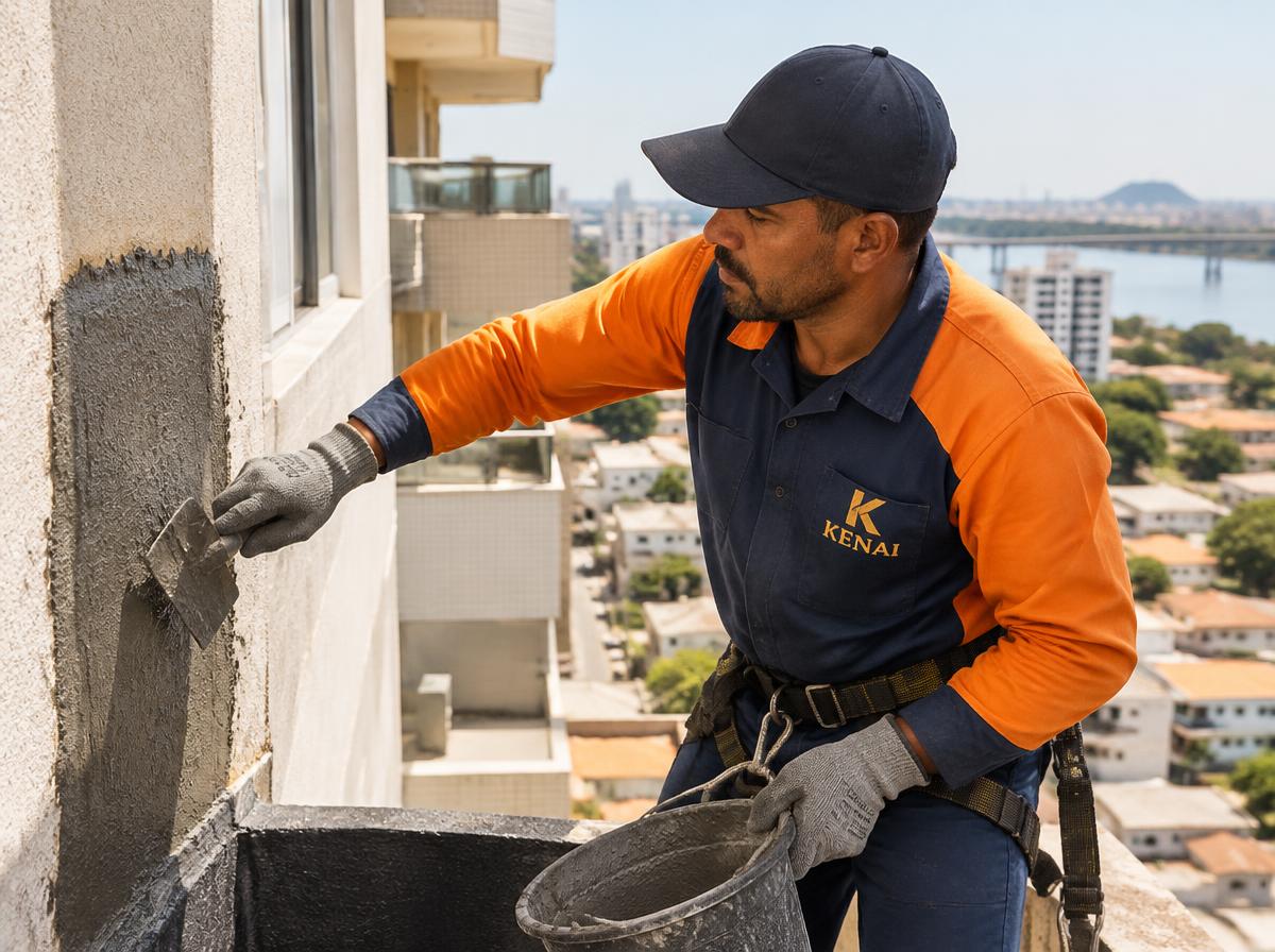 Técnico Kenai impermeabilizando fachada