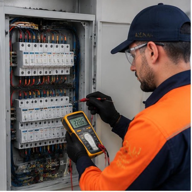 Técnico Kenai testando quadro de distribuição