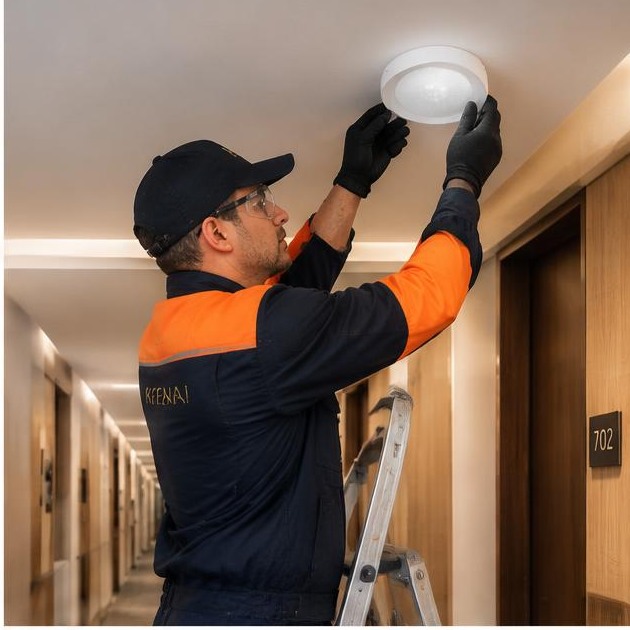 Técnico Kenai substituindo iluminação de corredor