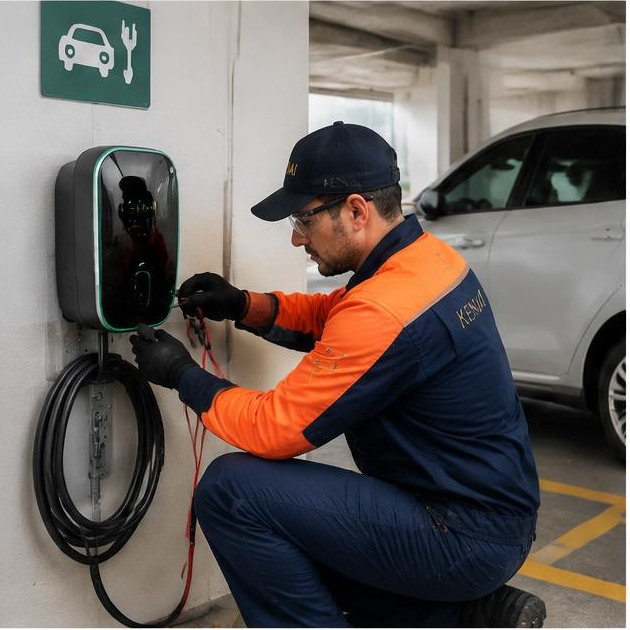 Técnico Kenai instalando carregador para veículo elétrico
