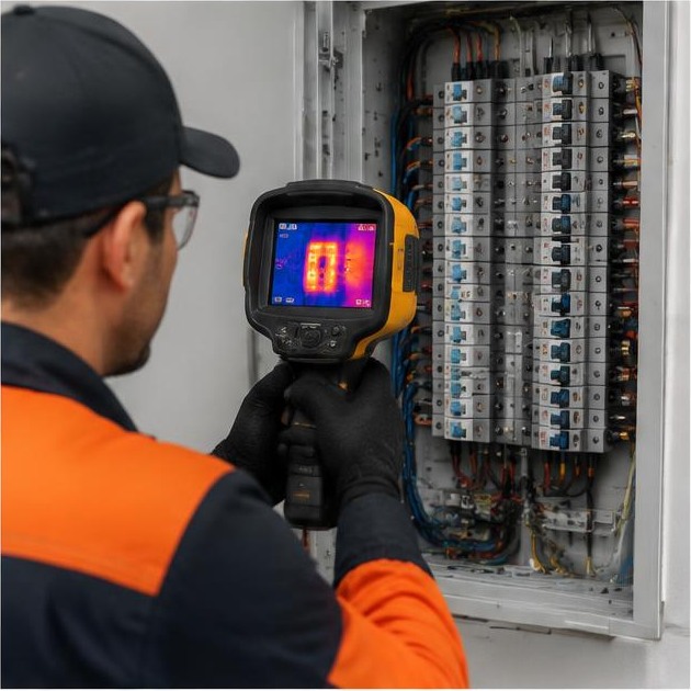 Técnico Kenai realizando termografia elétrica