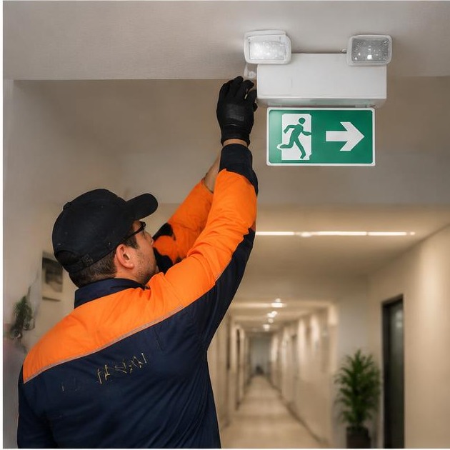 Técnico Kenai verificando iluminação de emergência