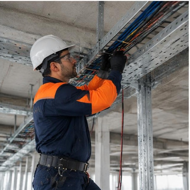Técnico Kenai organizando cabeamento em eletrocalha