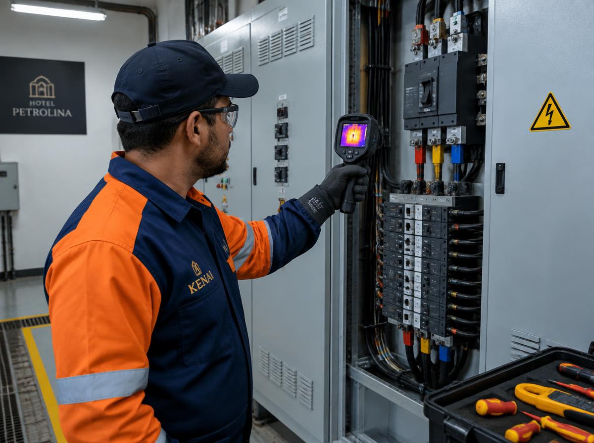 Técnico Kenai fazendo inspeção termográfica em painel elétrico