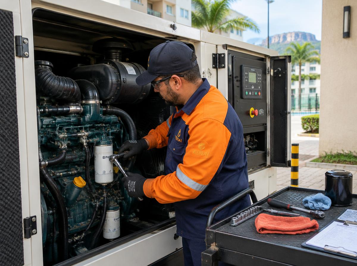 Técnico Kenai realizando manutenção em gerador