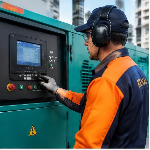 Técnico Kenai verificando painel de controle de gerador