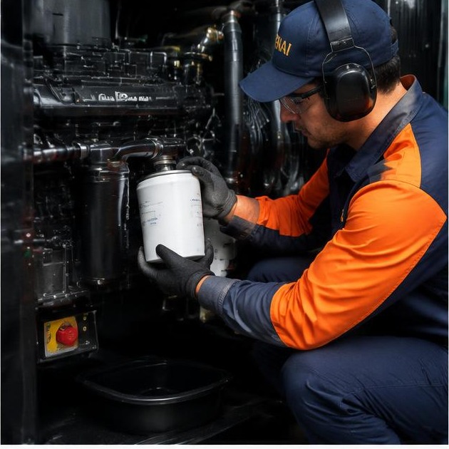 Técnico Kenai substituindo filtro de gerador