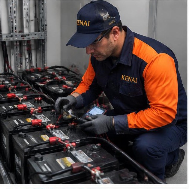 Técnico Kenai testando banco de baterias