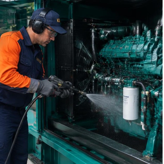 Técnico Kenai limpando motor de gerador