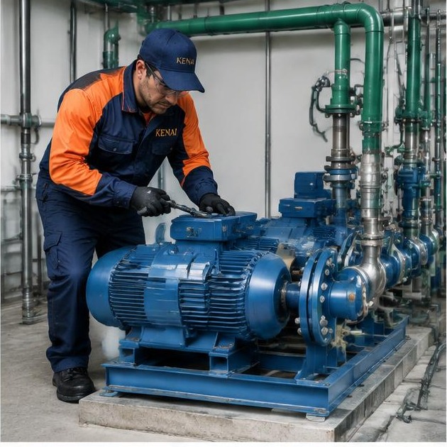 Técnico Kenai fazendo manutenção em conjunto de bombas