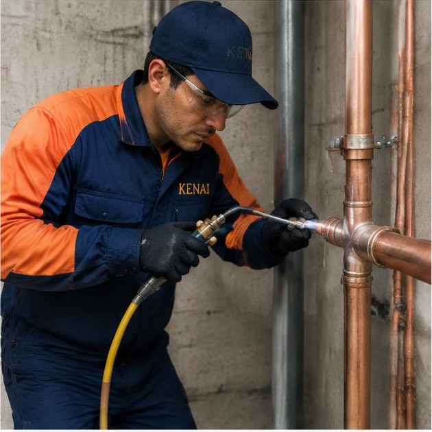 Técnico Kenai reparando tubulação de cobre