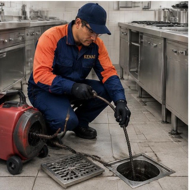 Técnico Kenai desobstruindo drenagem comercial