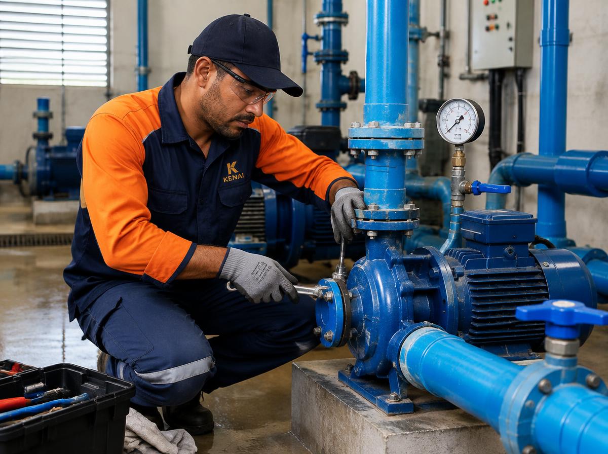 Técnico Kenai ajustando bomba hidráulica