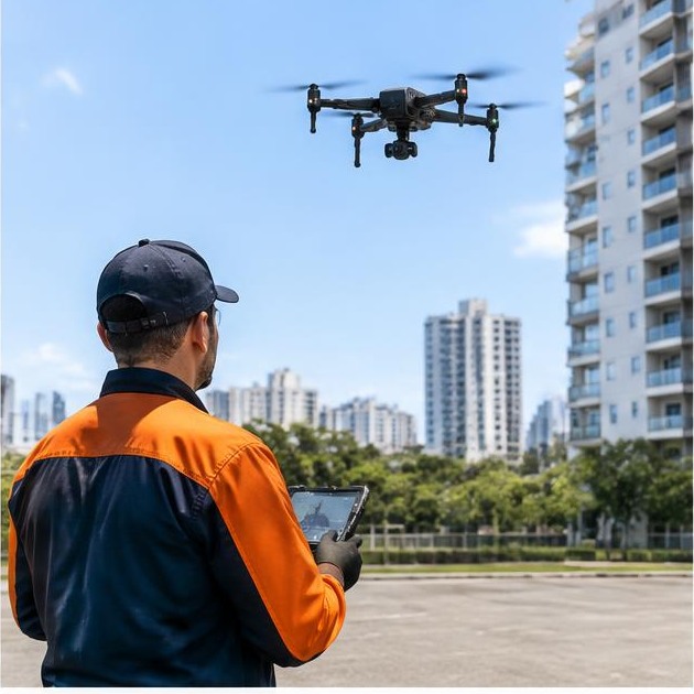 Técnico Kenai operando drone em inspeção predial