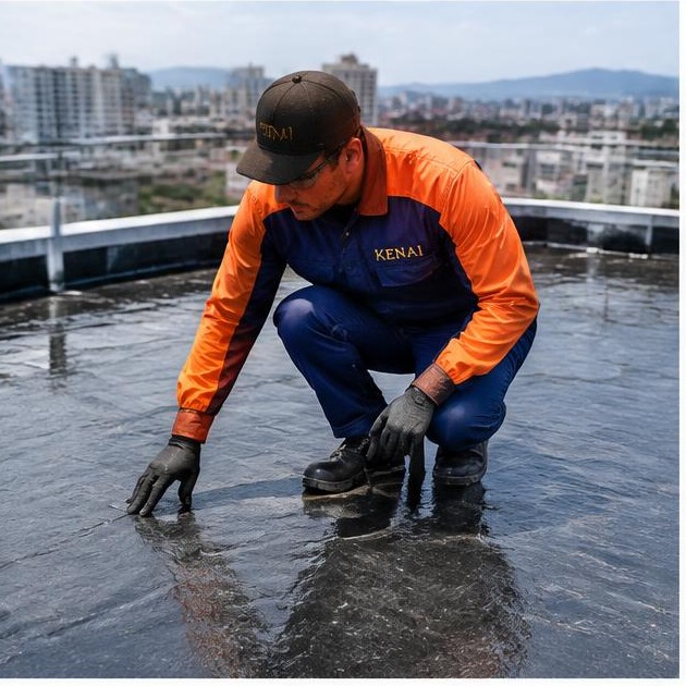 Técnico Kenai vistoriando impermeabilização de cobertura
