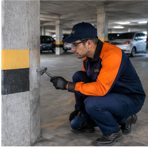 Técnico Kenai inspecionando estrutura de estacionamento