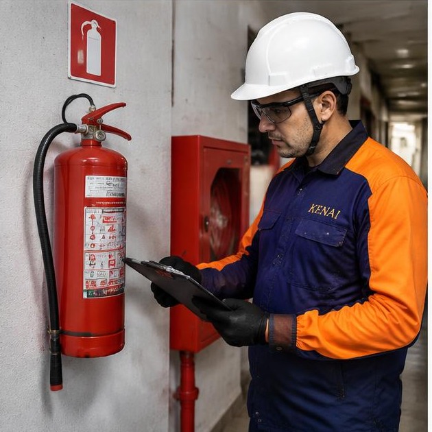 Técnico Kenai verificando equipamento contra incêndio