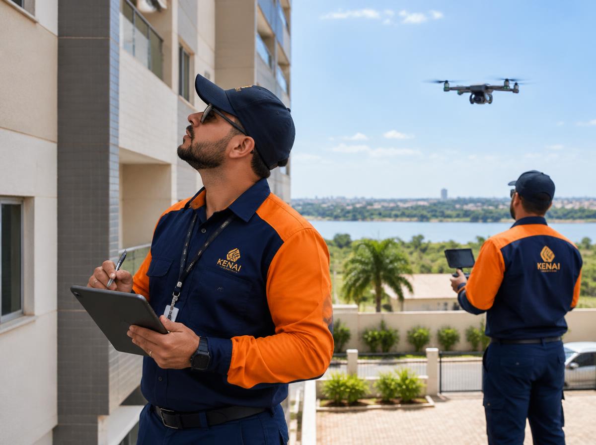 Equipe Kenai realizando inspeção de fachada com drone