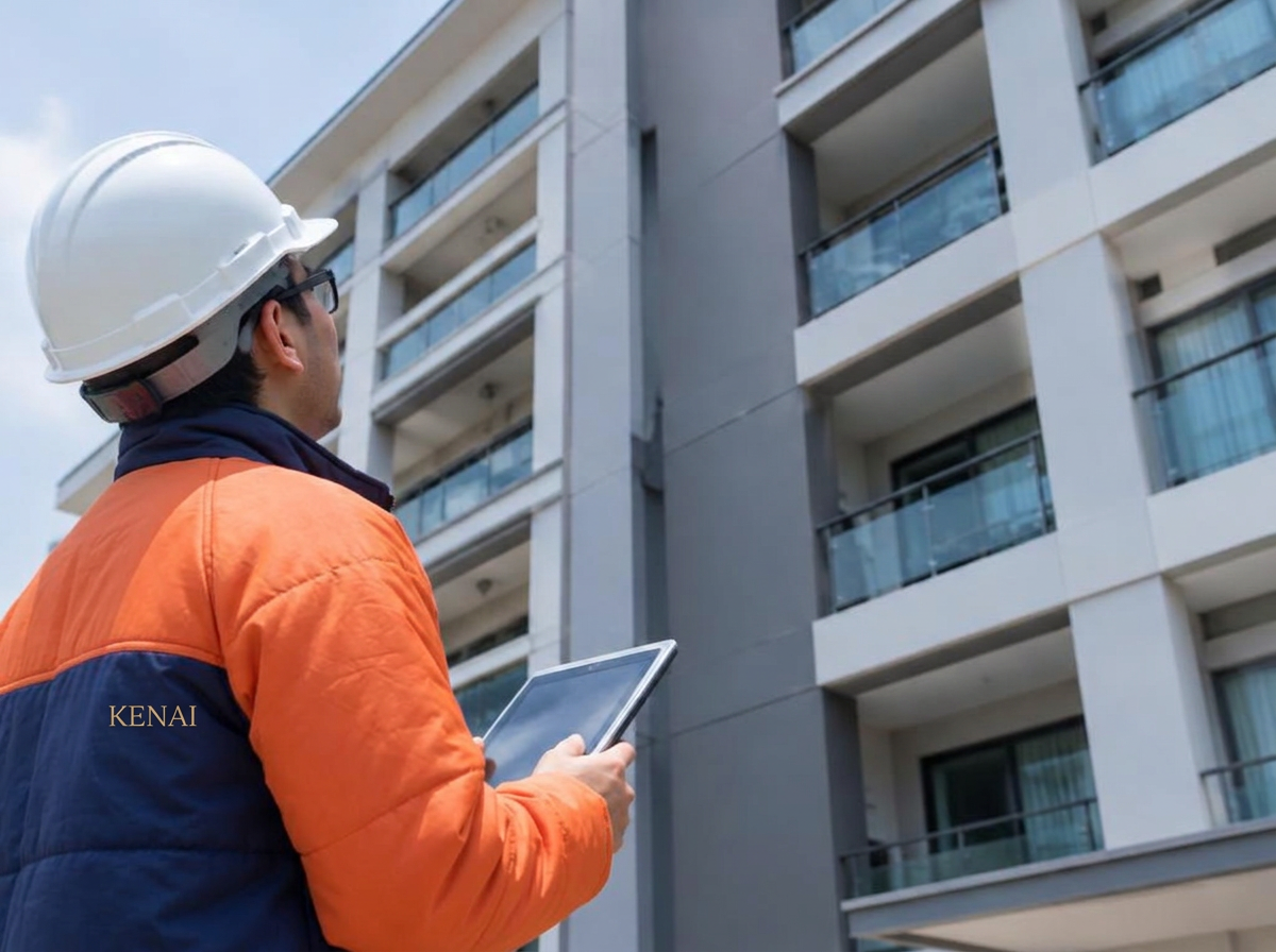 Técnico Kenai inspecionando fachada com tablet