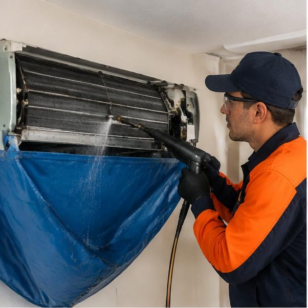 Técnico Kenai realizando limpeza profunda em split