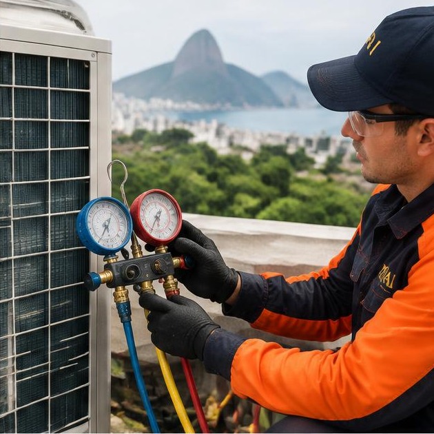 Técnico Kenai verificando pressão do gás refrigerante