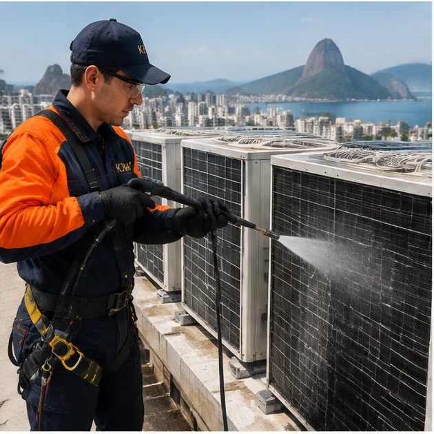 Técnico Kenai lavando serpentinas de condensadoras