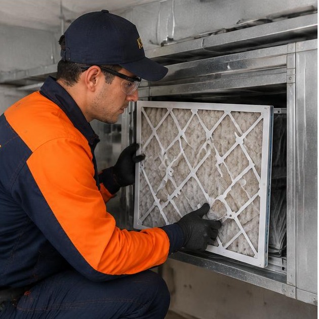 Técnico Kenai substituindo filtro de climatização