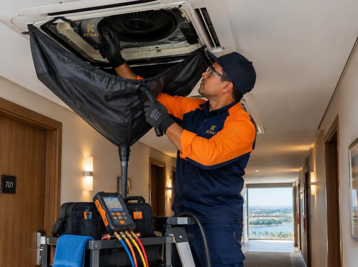Técnico Kenai higienizando ar-condicionado cassete